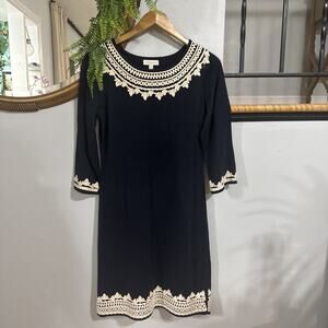 Monsoon Navy Embroidered Tunic Knit Dress Sz Small Boho Classic Preppy Minimalis